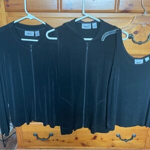 Chicos Traveler 3 piece set black long sleeve zip top, hooded zip vest and tank.